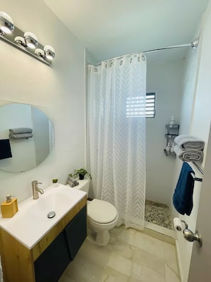 Hair dryer, towels, soap, shampoo