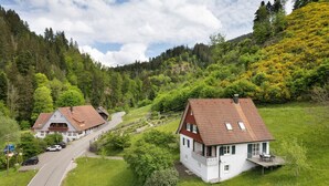 Une maison de campagne avec un toit rouge, entourée d’une végétation luxuriante et bordée d’un chemin sinueux.