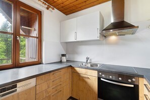 Fridge, microwave, oven, stovetop - Apartment 'Ferienwohnung Im Hof 120qm' with Mountain View, Shared Terrace and Wi-Fi (Schenkenzell)