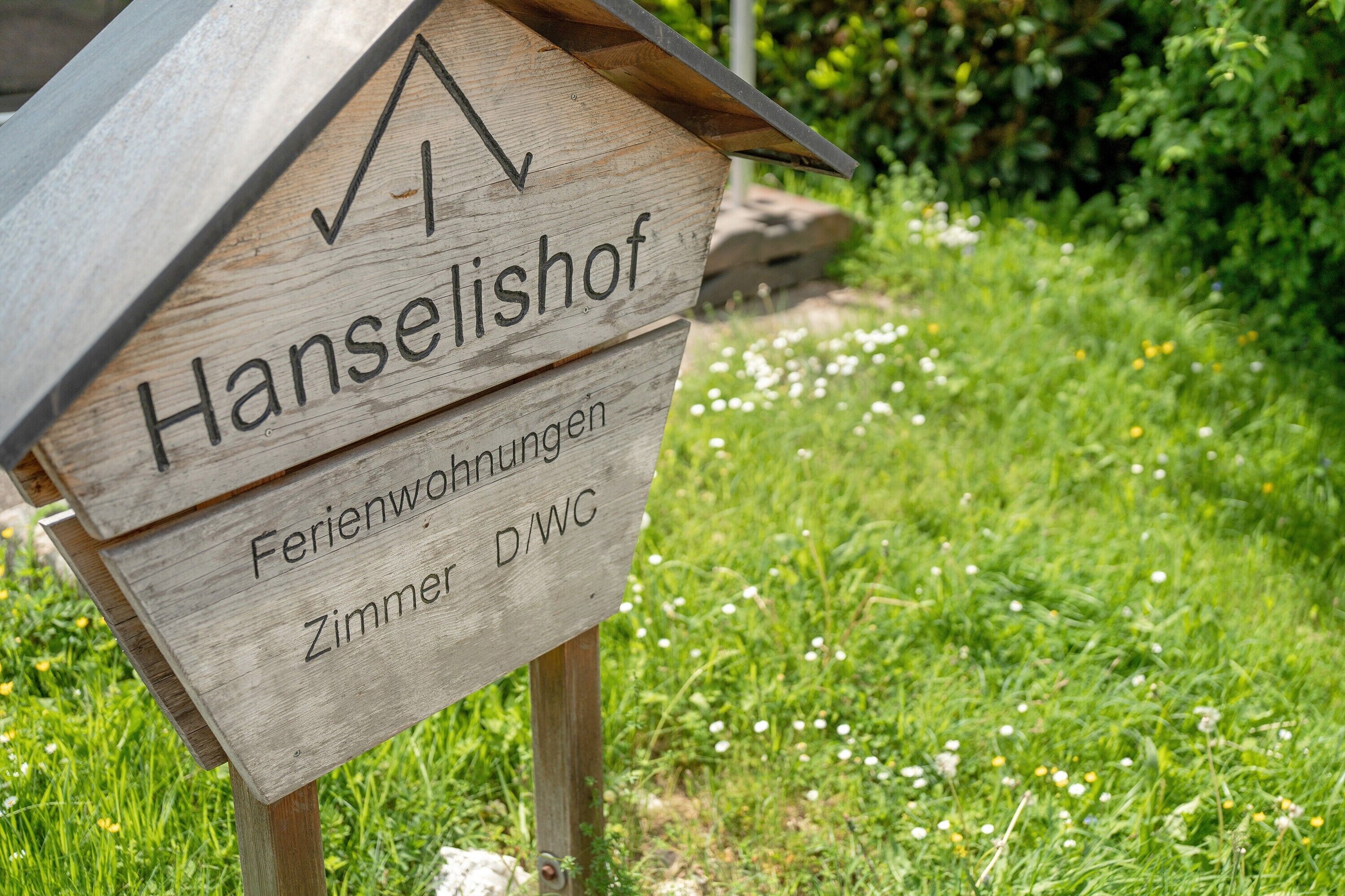 Um letreiro de madeira com o texto 'Hanselishof Ferienwohnungen Zimmer D/WC'.