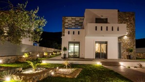 Une maison moderne à deux étages, dotée d’une façade en pierre, d’une entrée bien éclairée et d’un jardin aménagé avec un petit élément décoratif aquatique.