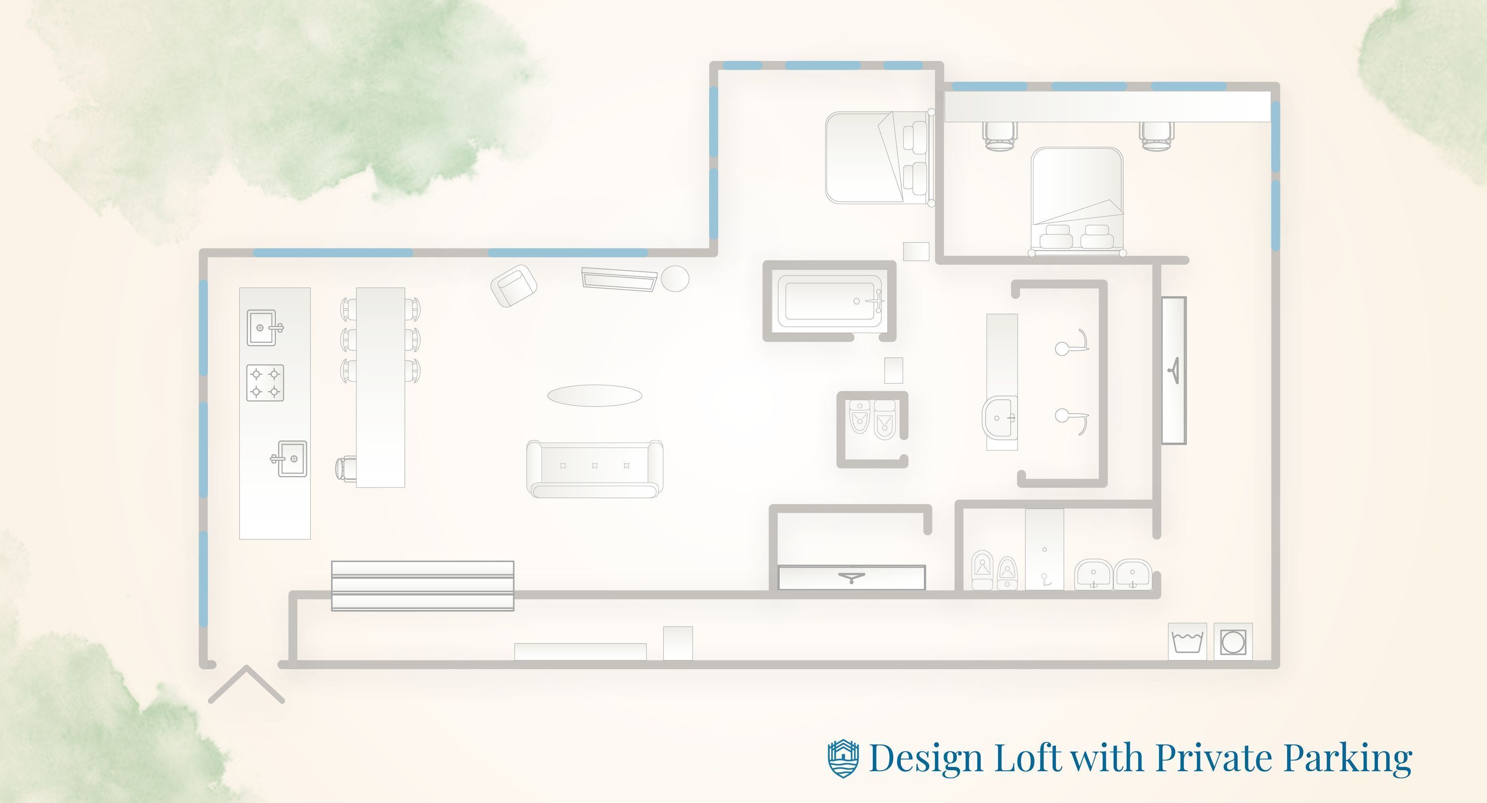 Un appartement de type « loft » comprenant un espace de stationnement privé, une kitchenette, une salle de bain et un espace de vie.