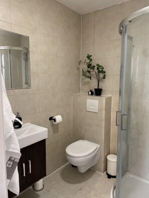 Dusj, håndklær og toalettpapir