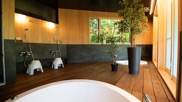 Jetted tub, hair dryer, towels, soap