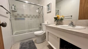 Hair dryer, towels, soap, shampoo