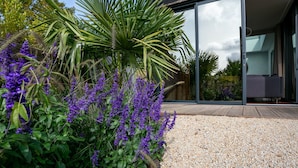 Une maison moderne dotée d’une grande porte vitrée, entourée d’une végétation luxuriante et de fleurs violettes.