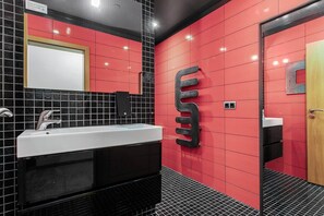 Shower, hair dryer, towels