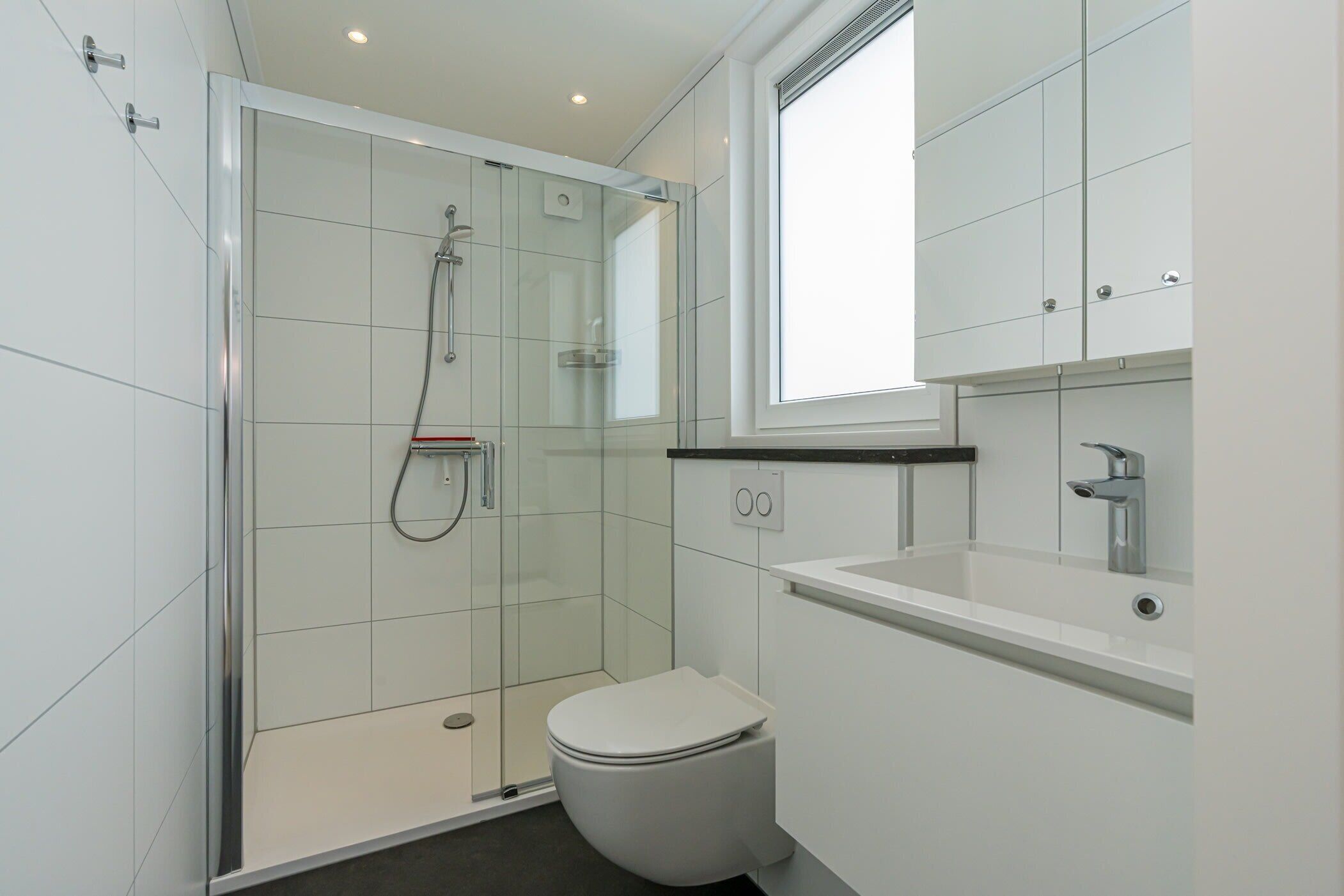 Un baño moderno con ducha de vidrio, inodoro blanco y lavamanos con espejo.