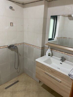 Shower, jetted tub, hair dryer, bidet