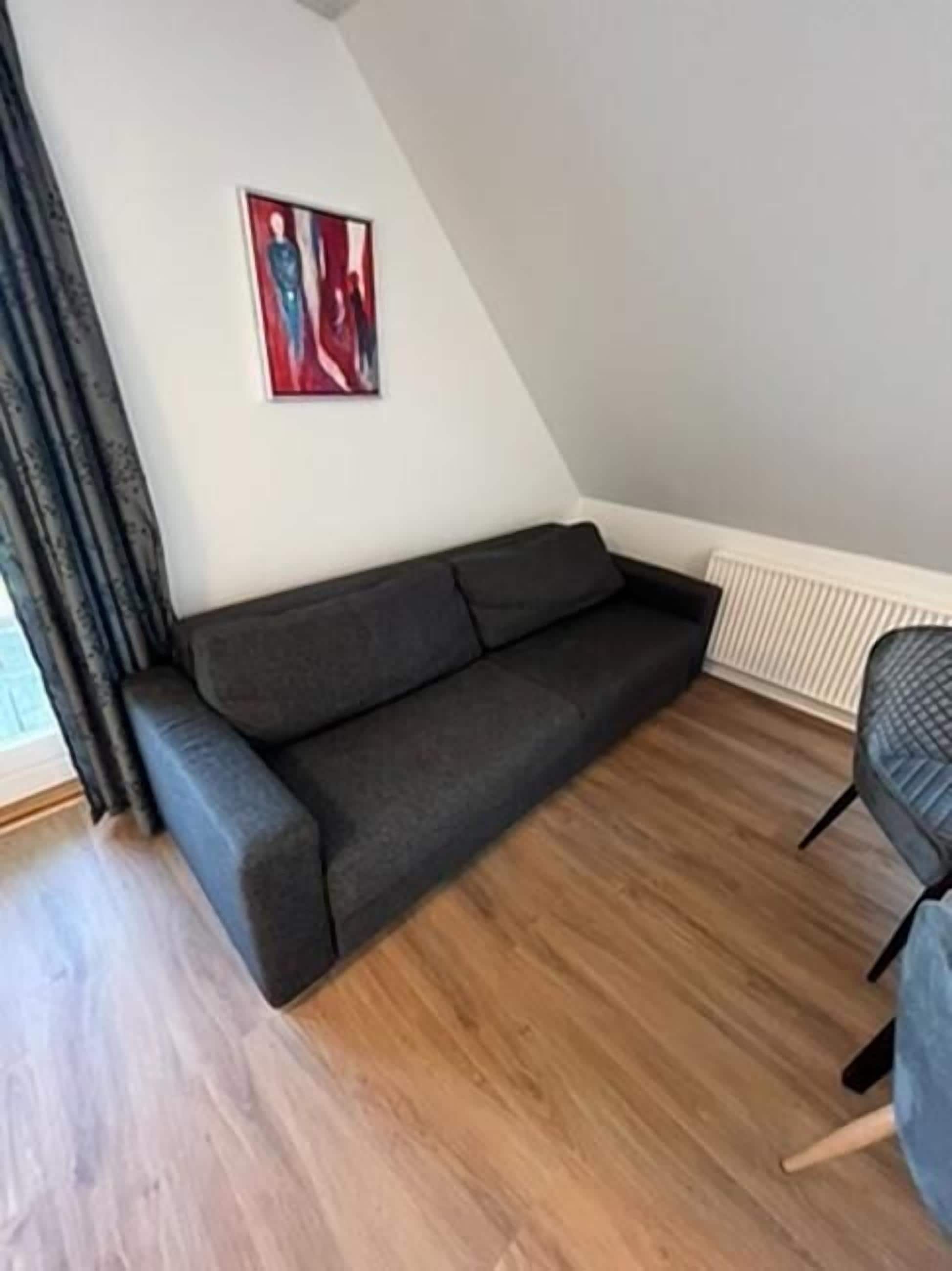 En moderne stue med en mørkegrå sofa, et billede på væggen og en radiator.