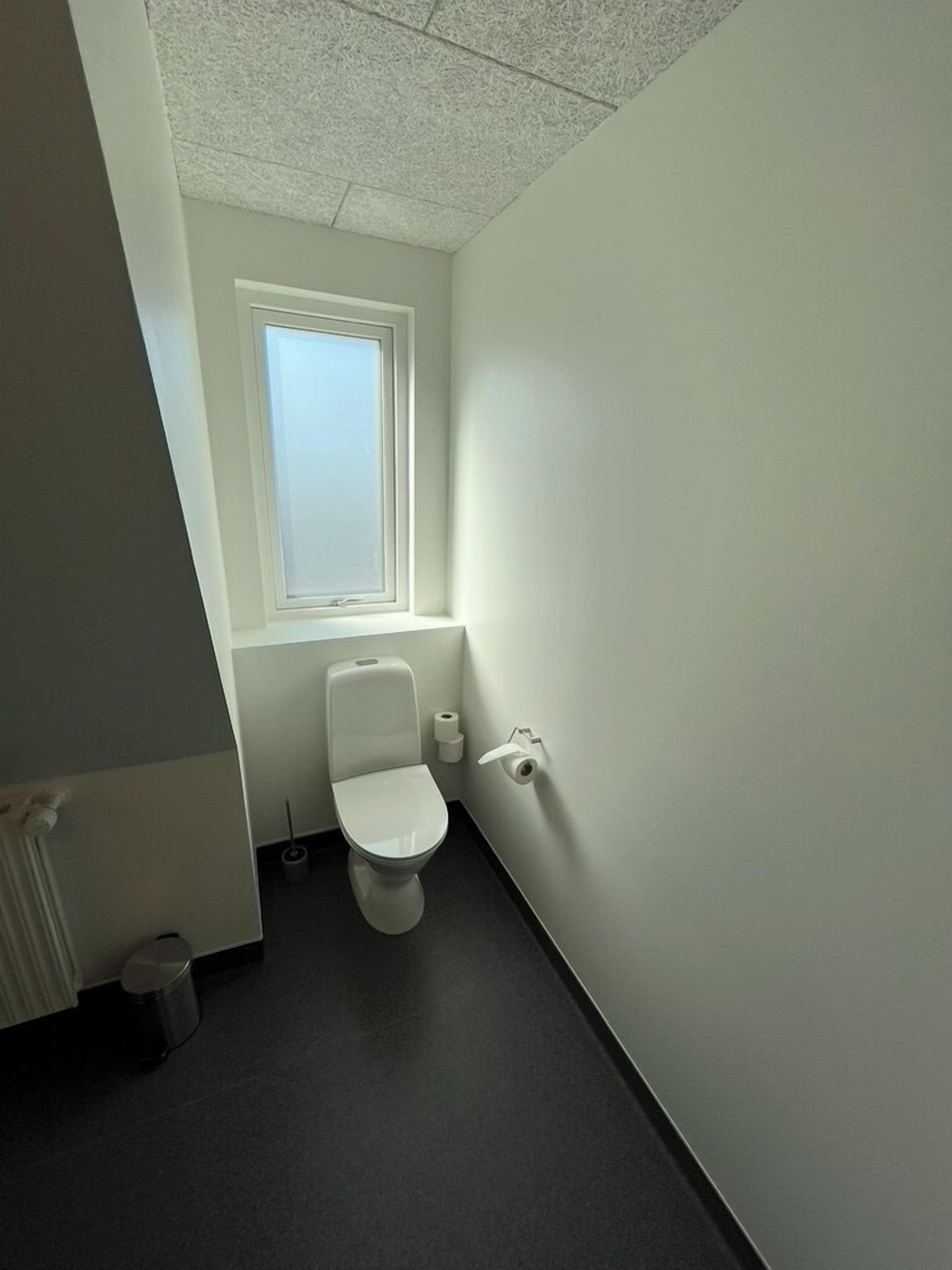 A small, clean bathroom with a toilet, a window, and a radiator.