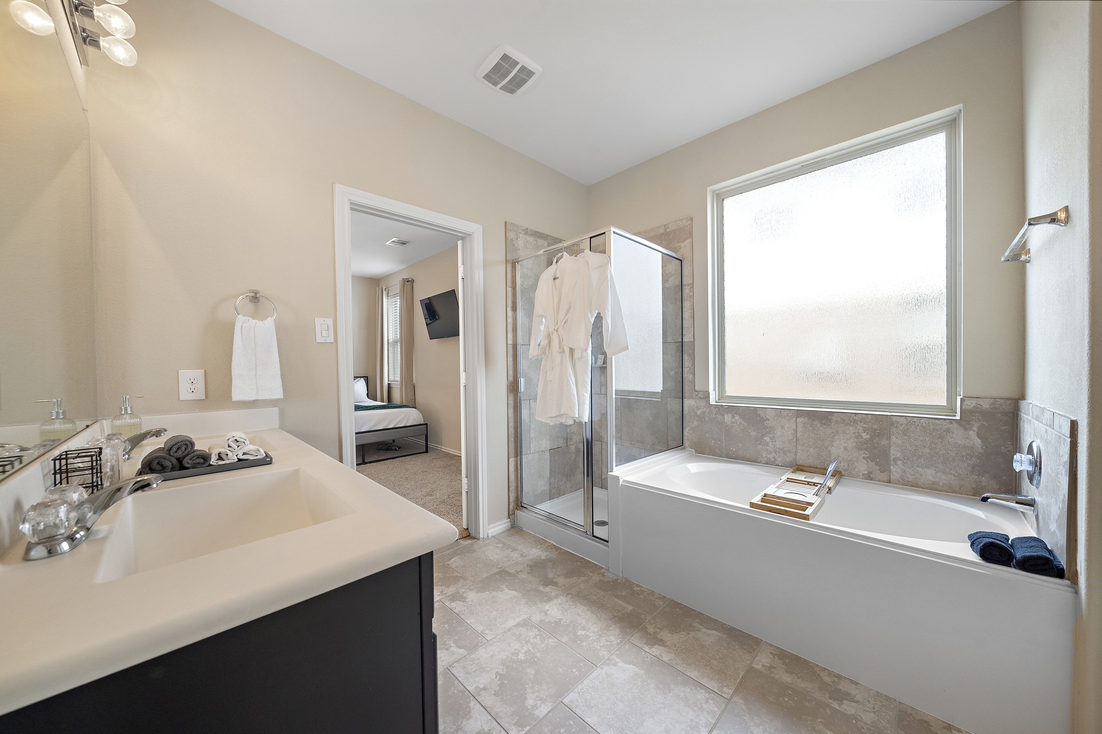 Hair dryer, towels, soap, shampoo