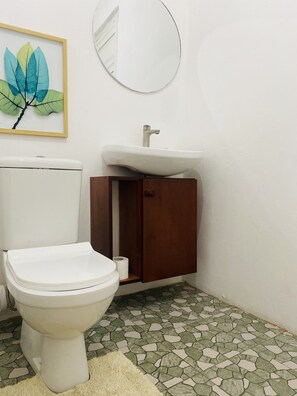 Shower, towels, soap, toilet paper