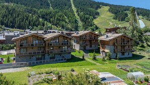 Un chalet de montagne composé de plusieurs bâtiments en bois, avec un télésiège visible au loin et un paysage verdoyant luxuriant.
