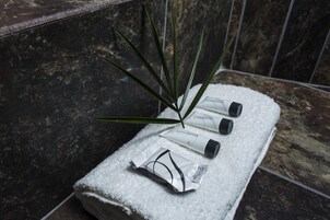 Separate tub and shower, rainfall showerhead, free toiletries, bathrobes