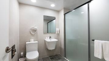 A modern bathroom with a toilet, sink, and glass shower enclosure.