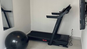 Pieni, siisti huone, jossa on juoksumatto, kuntopyörä ja suuri jumppapallo.
