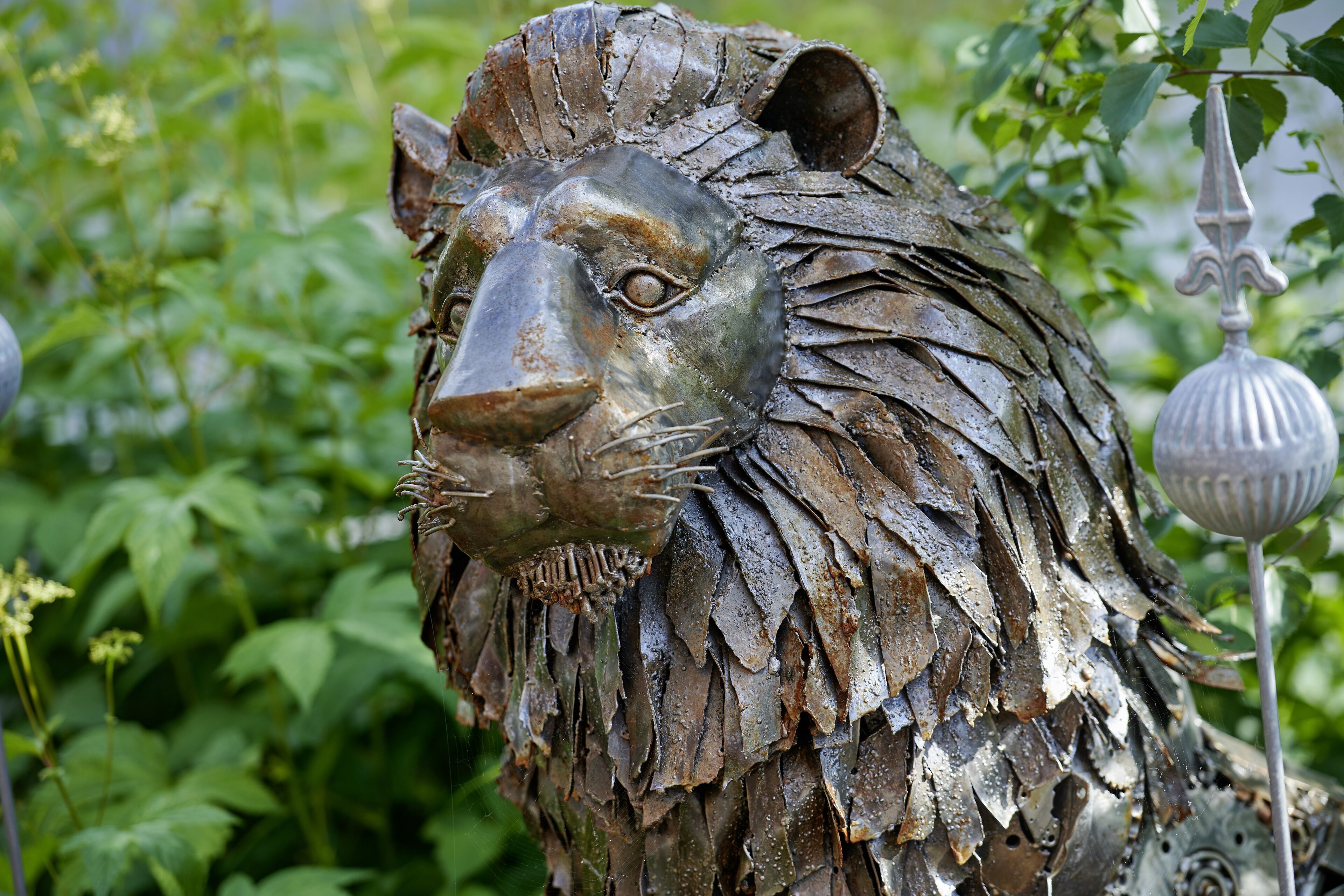 A metal sculpture of a lion's head with a textured mane, set against a backdrop of greenery.