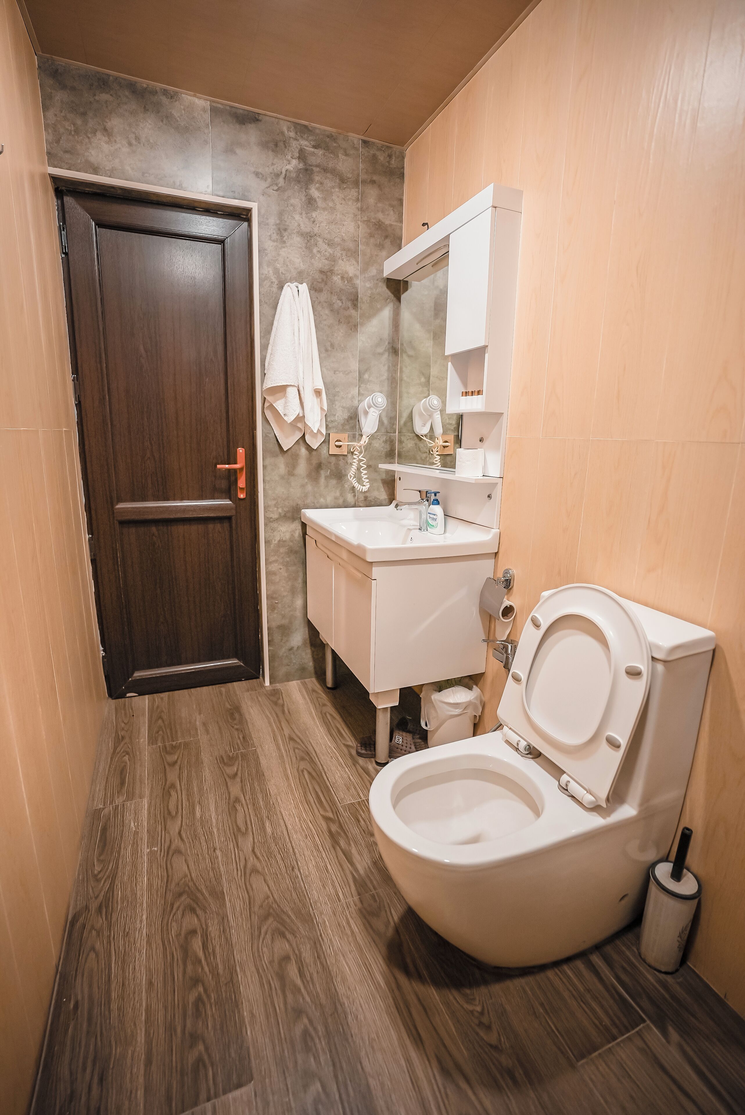 A compact bathroom with a wooden door, a white sink, a mirror, and a toilet.