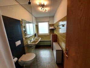 Een haardroger, handdoeken, zeep, toiletpapier