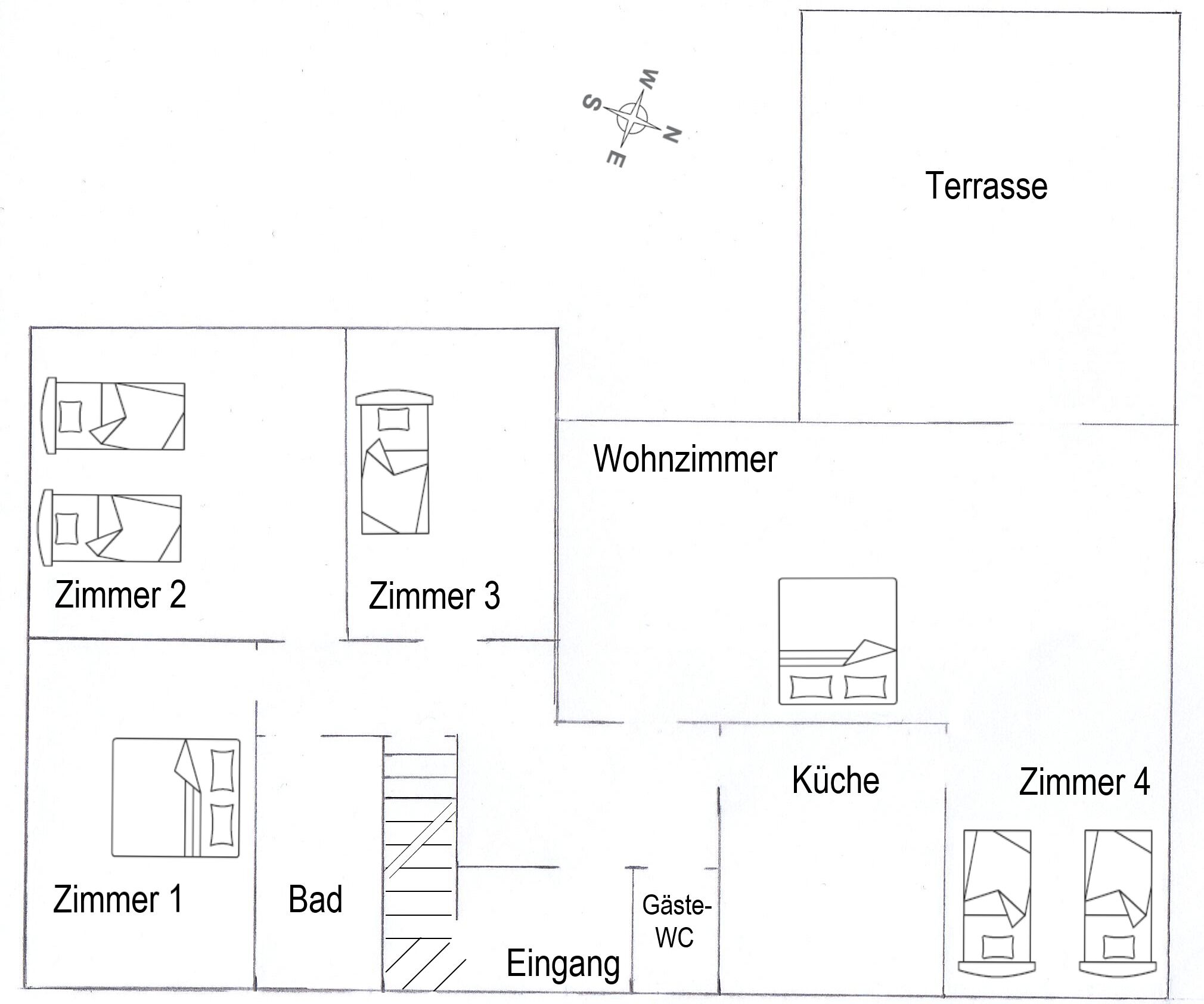 A floor plan of a building with labeled rooms and areas.