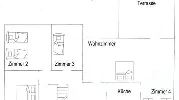 A floor plan of a building with labeled rooms and areas.