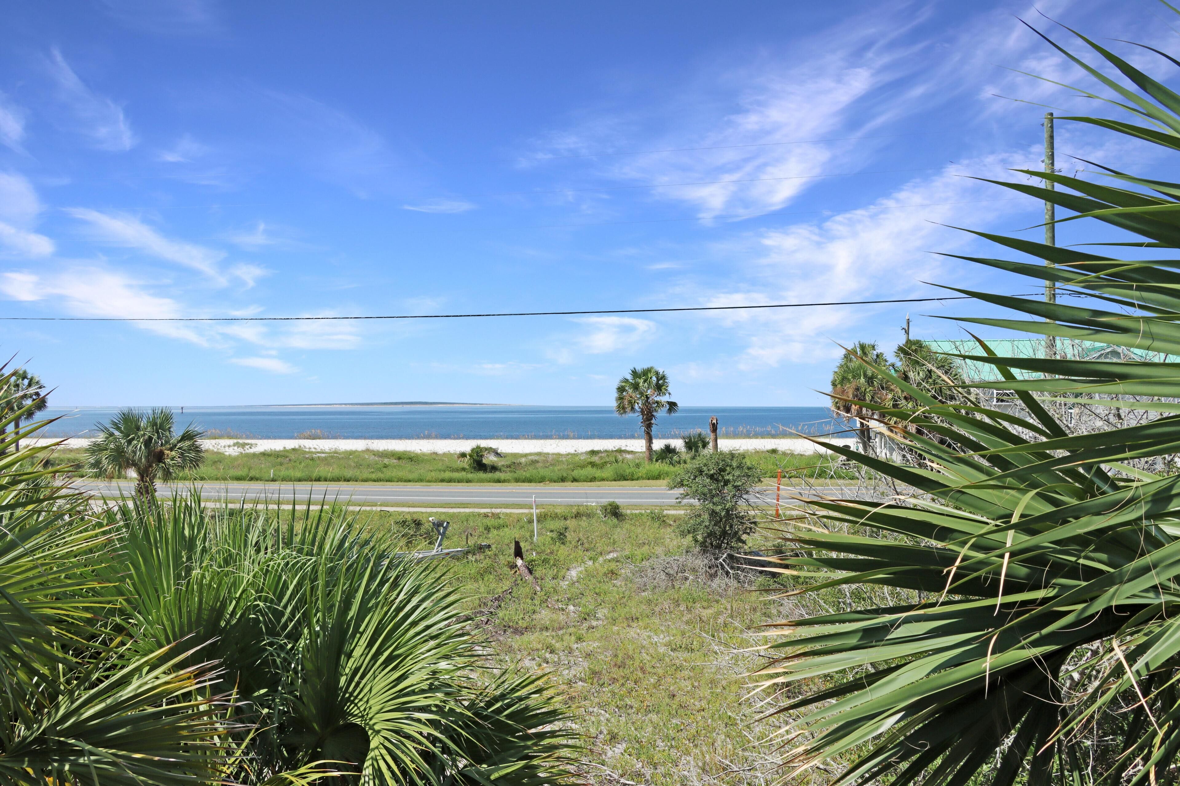 A coastal landscape with a road, palm trees, and a view of the ocean.