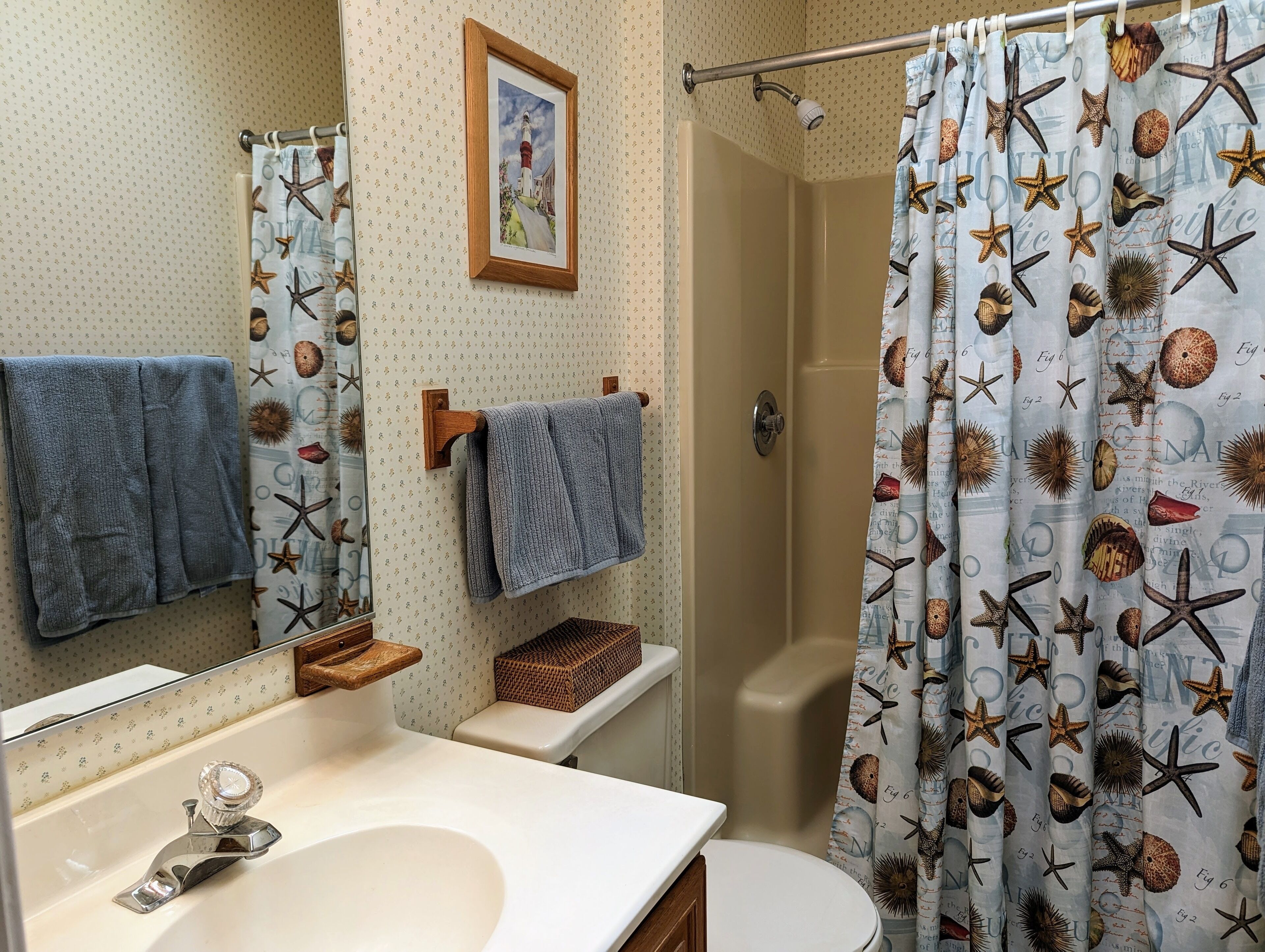 Une salle de bain équipée d’un lavabo, d’un miroir, d’un porte-serviettes et d’un rideau de douche sur le thème de la marine.