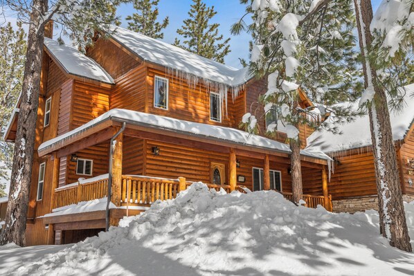 A wooden cabin with a balcony, surrounded by snow-covered trees.