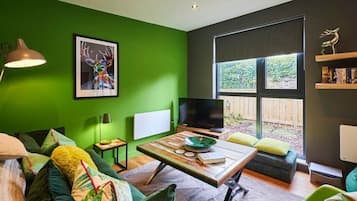 TV, DVD player, books, offices