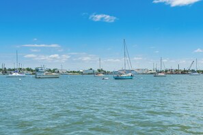 Un port de plaisance où sont amarrés différents types de bateaux, avec une eau calme et un ciel dégagé.