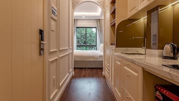 Mini-fridge, microwave, stovetop, rice cooker