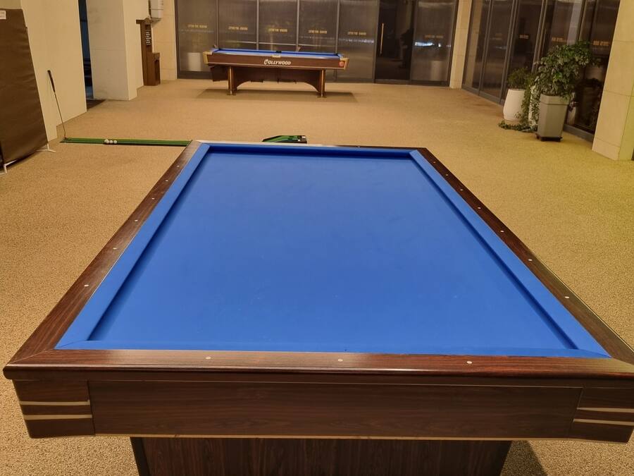 A pool table in a room with a carpeted floor and a ceiling with linear light fixtures.