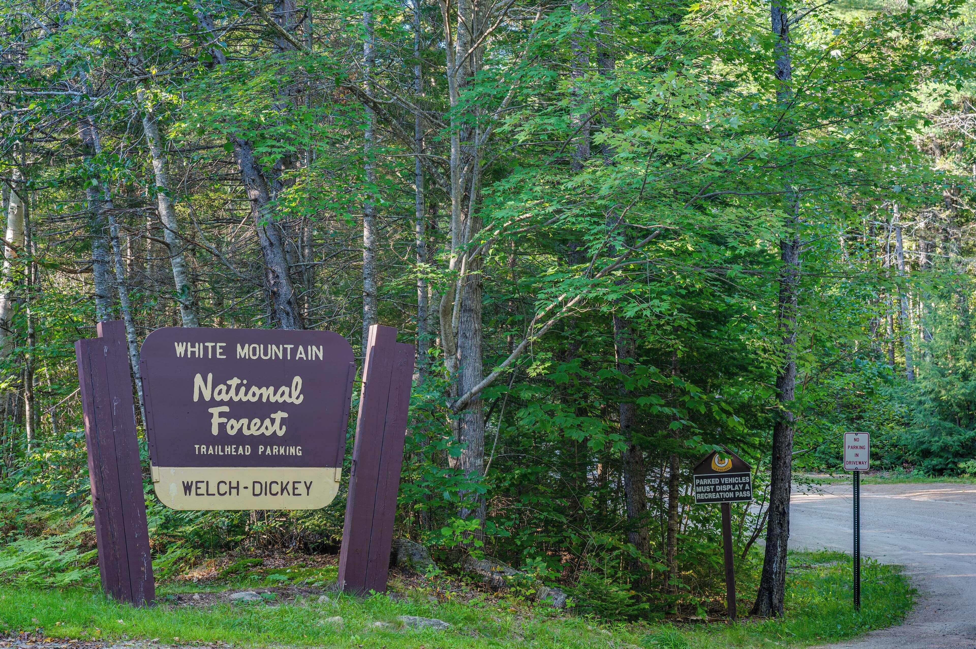 Bordje voor White Mountain National Forest Trailhead Parkeren in Welch-Dickey.