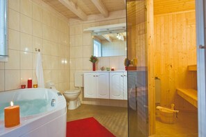 Shower, jetted tub, hair dryer