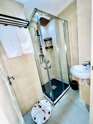 Douche, bidet, serviettes fournies, savon