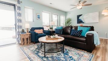 Smart TV, fireplace, books