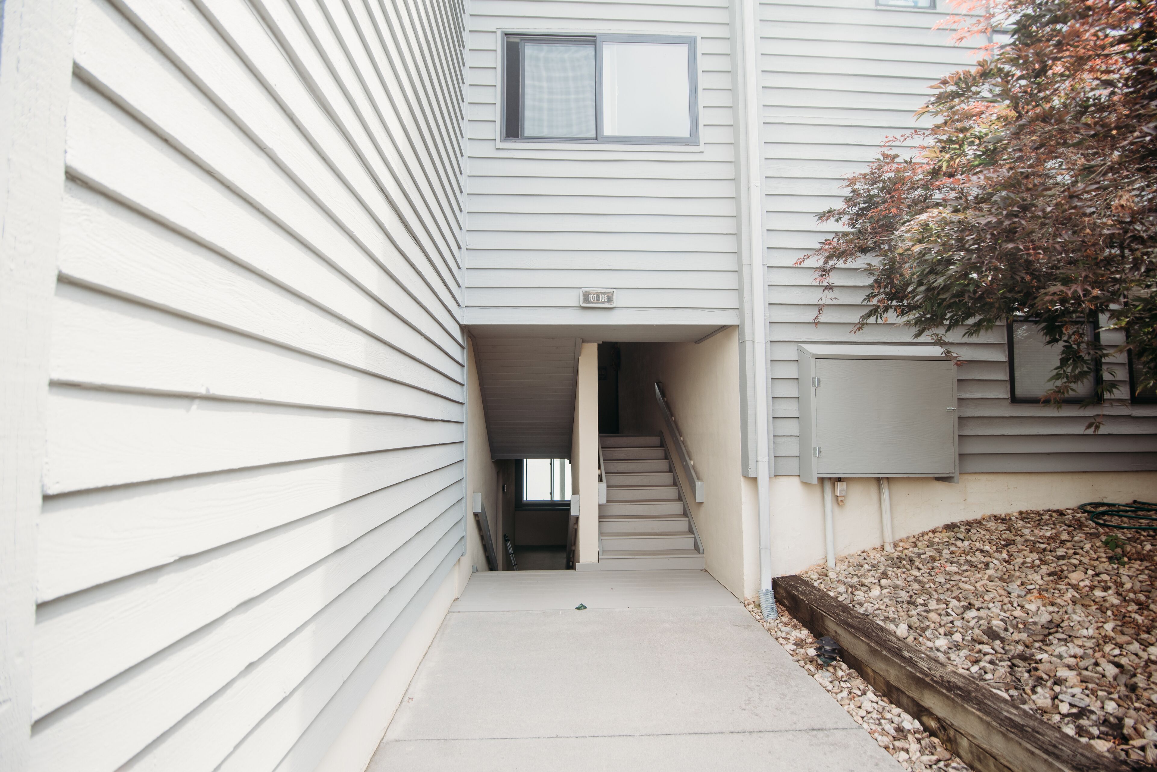 A narrow concrete pathway leading to a staircase with a small window above.