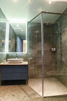 Shower, hydromassage showerhead, designer toiletries, hair dryer