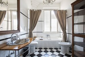 Shower, hair dryer, bidet, towels