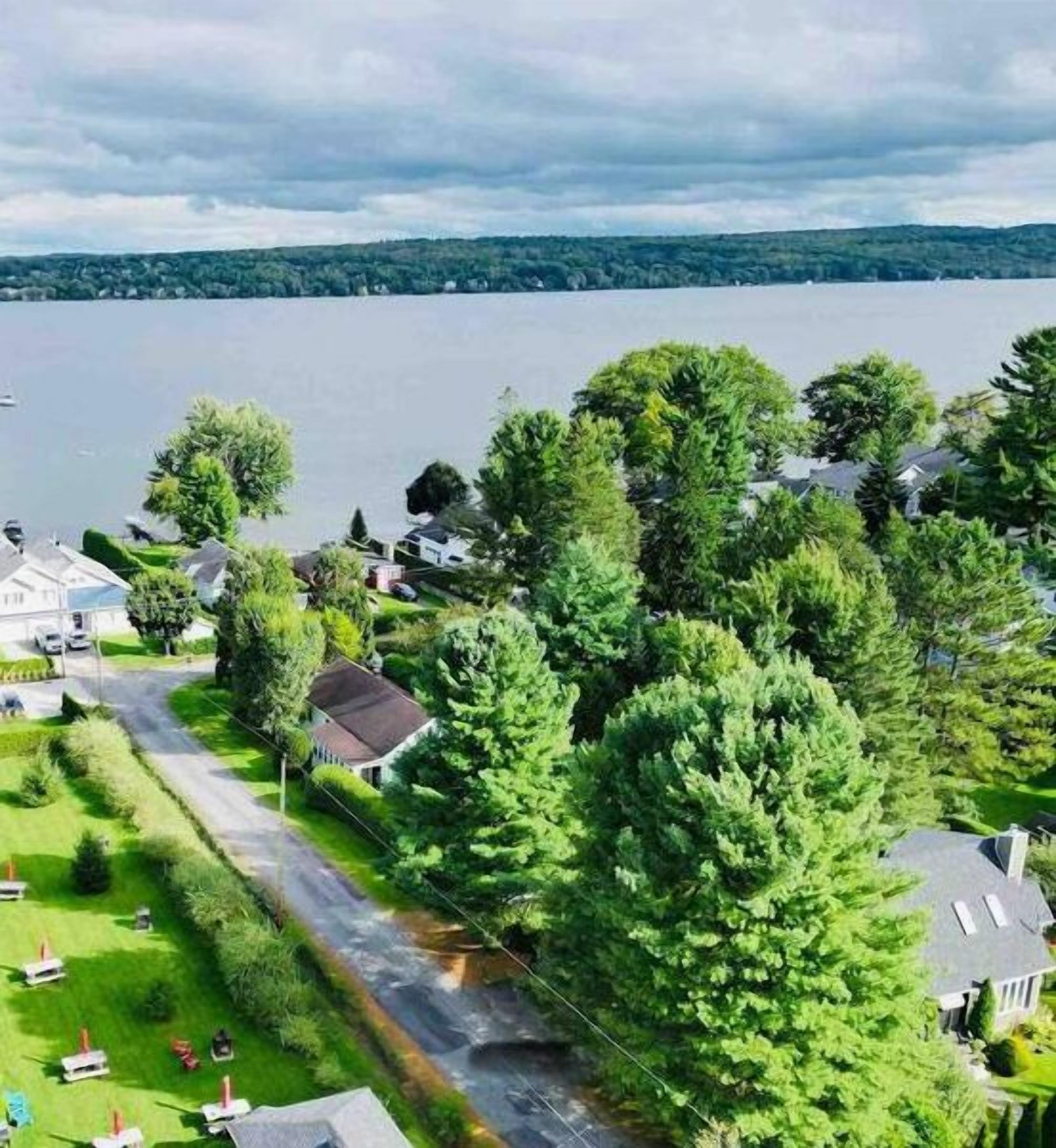 Un barrio residencial con casas, una calle y un lago al fondo.