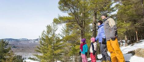 A group of people standing on a snowy mountain with pine trees in the background.
