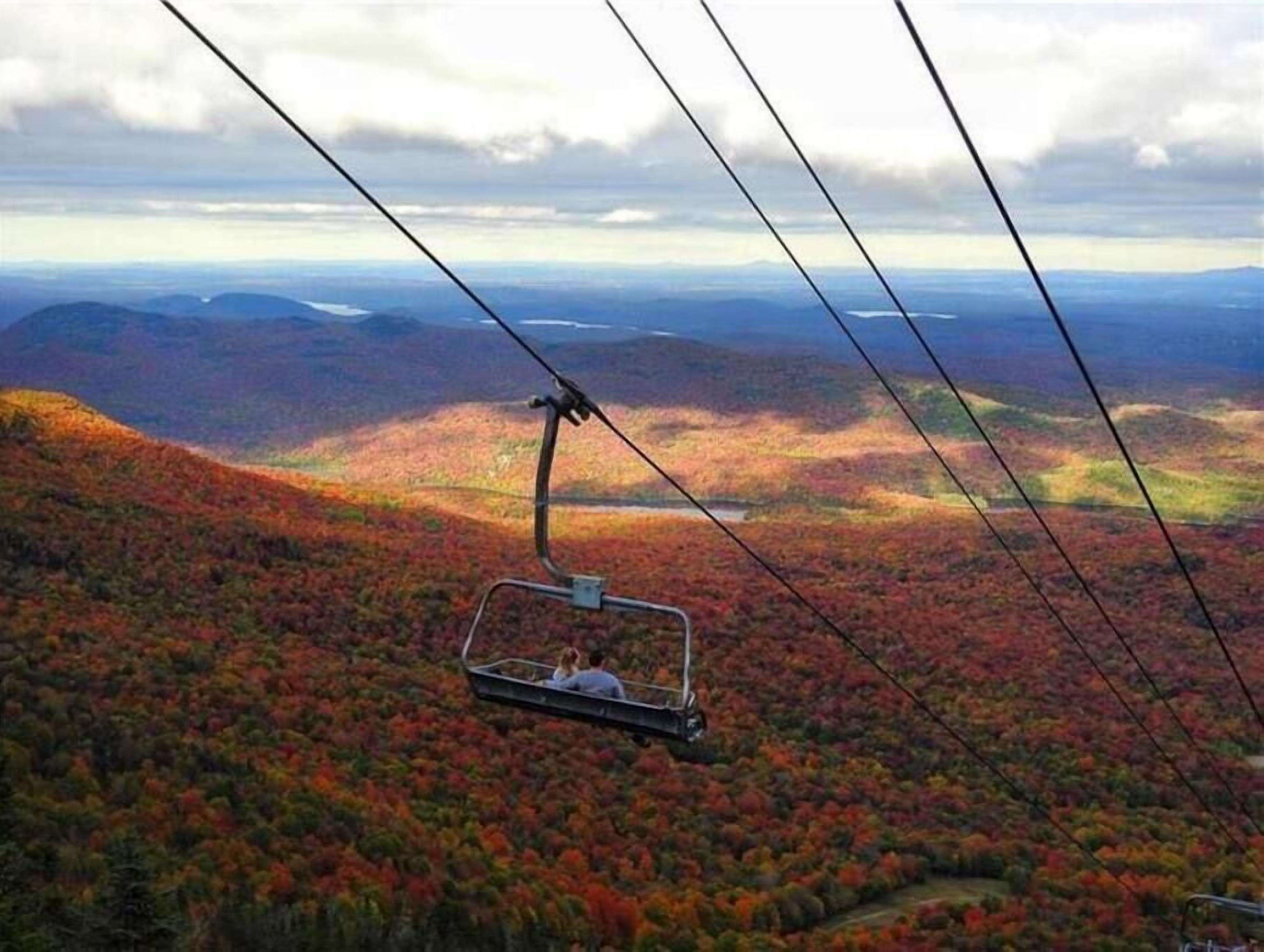 Une télécabine se déplace au-dessus d’un paysage boisé aux couleurs automnales.