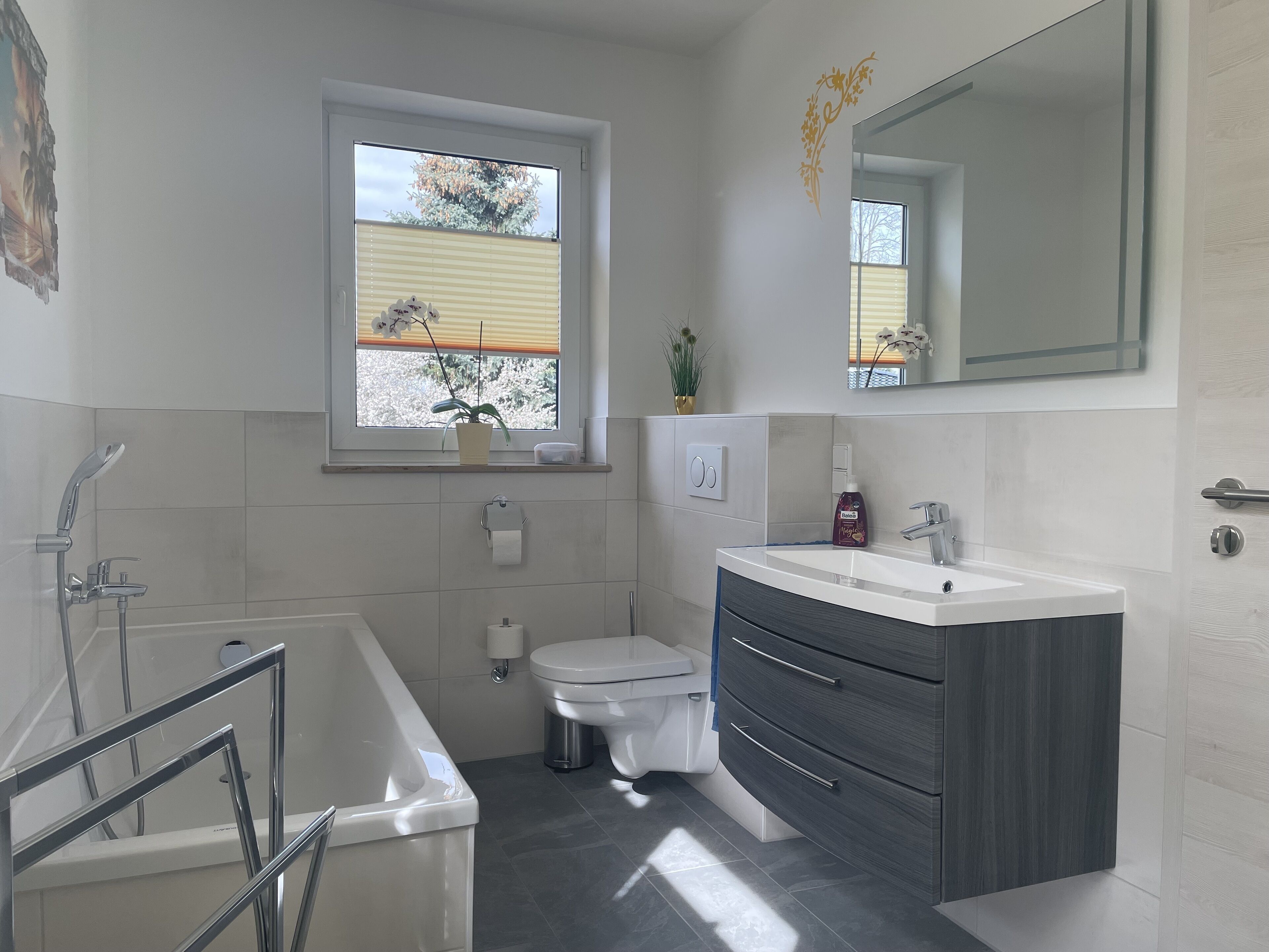 Dusche, Haartrockner, Handtücher, Seife