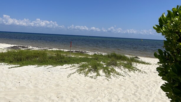 A beach with white sand, clear blue water, and a distant boat.