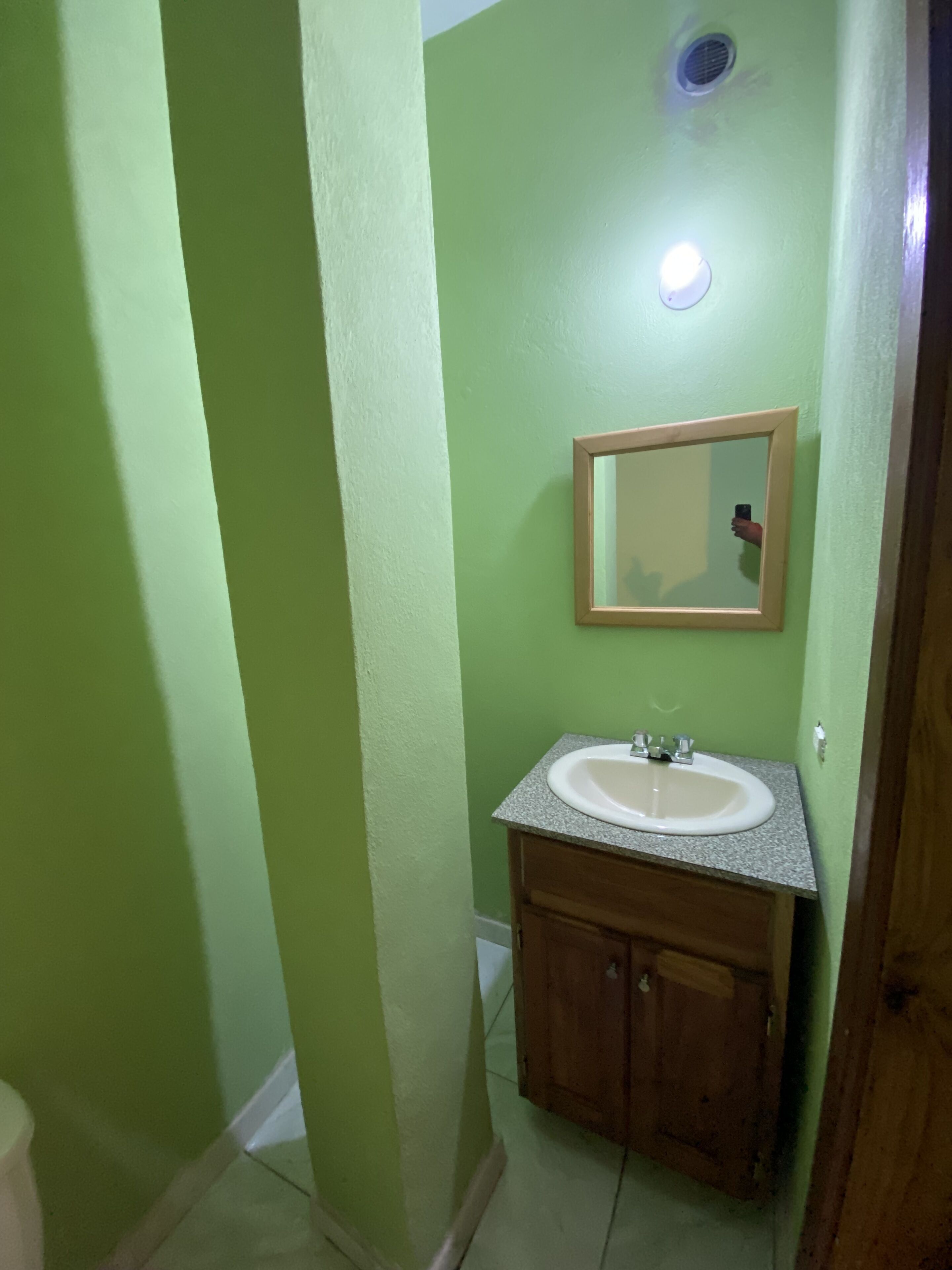 A bathroom with a green wall, a sink with a mirror above it, and a wooden cabinet below.