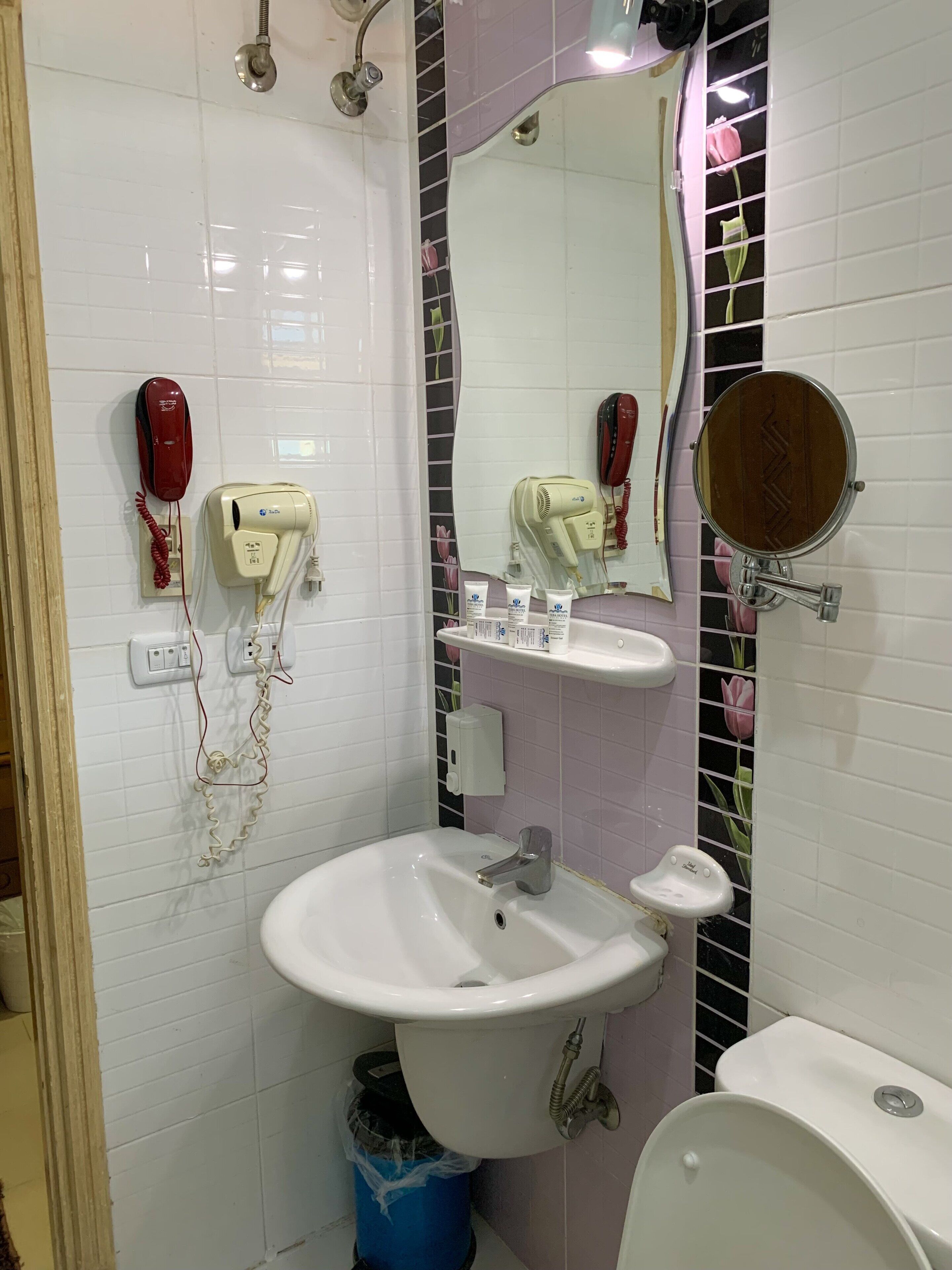 A bathroom with a white sink, a mirror, a toilet, and two hair dryers mounted on the wall.