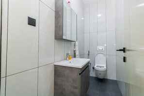 Douche, sĂšche-cheveux, bidet, serviettes fournies