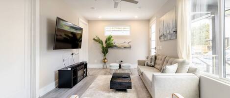 Smart TV, fireplace, video games, stereo