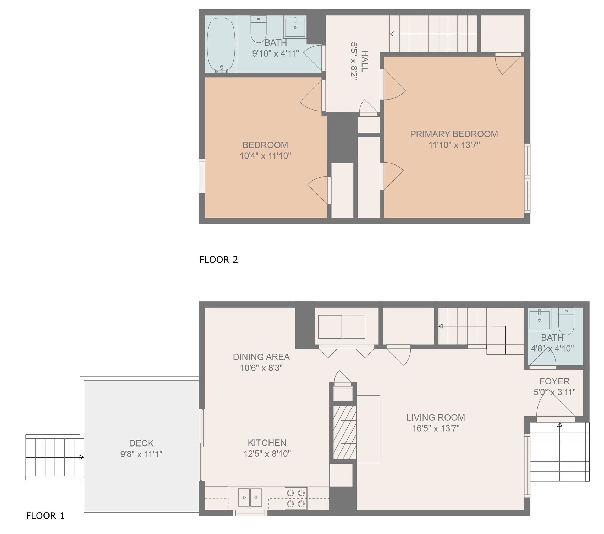 Un appartement sur deux niveaux comprenant une chambre, une chambre principale, un coin repas, une cuisine, un salon, un hall d’entrée et un balcon.